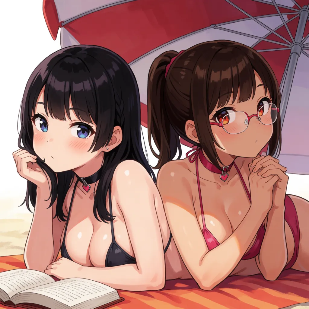 hentai anime art, multiple heads, two heads sharing one body, interracial, two-tone skin, split-colored skin, split-color body, small height asian milf, black hair, brown hair ponytail, tsurime, blushing, parted lips, smile, beautiful lips, second head smug tongue out, glasses, asymmetrical small breasts, fat, bbw, big chubby belly, large buttocks, bikini strap lifted down, removed bikini, heart chokers, absurdly huge asymmetrical breast out, lying, on stomach, hands up, head resting, oiled, beach umbrella, open book, side view,, clean lineart, smooth cel shading, glossy highlights, saturated warm colour, drawn illustration, strikingly beautiful, radiant complexion, early twenties