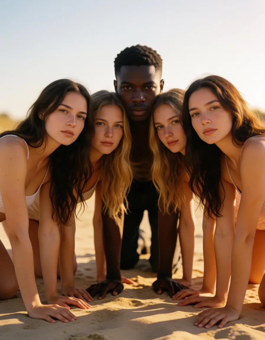 a photograph, sharp focus, 8k uhd, 6+women, on all fours, dark-skinned male, dreamy atmosphere, 8k uhd photo, warm golden afternoon daylight, soft natural shadows, warm amber tones, gentle contrast, fine film grain, smooth clear skin, strikingly beautiful, radiant complexion, early twenties