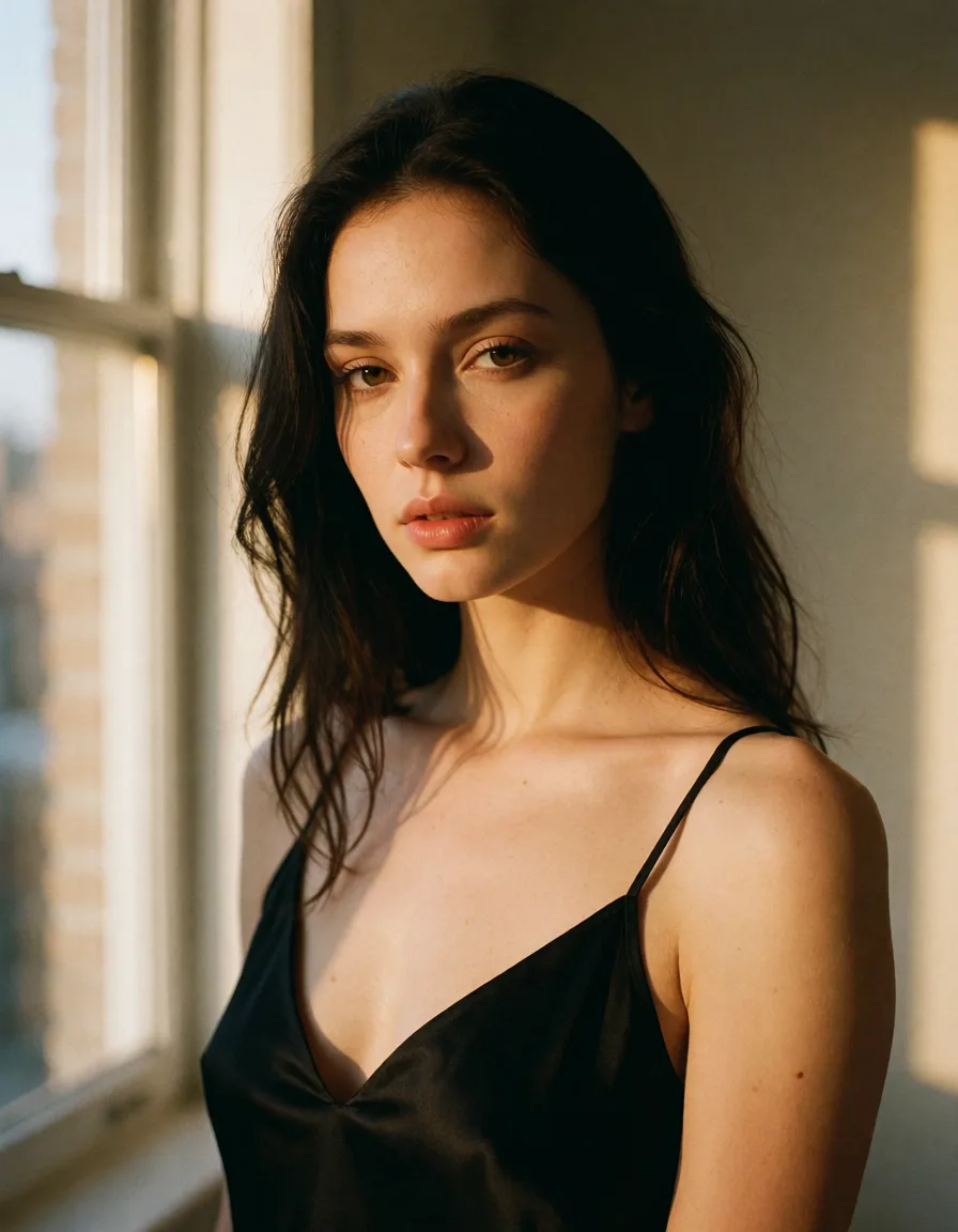 a photograph, a woman with long dark hair in a black silk slip, soft window light, shot on film, gothic, warm golden afternoon daylight, soft natural shadows, warm amber tones, gentle contrast, fine film grain, smooth clear skin, strikingly beautiful, radiant complexion, early twenties