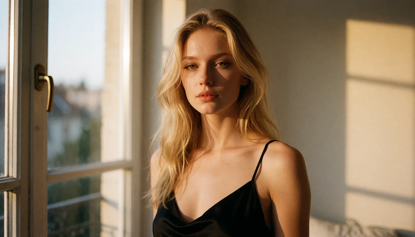 a photograph, a woman with long blonde_hair in a black silk slip, soft window light, shot on film, big ass_focus, warm golden afternoon daylight, soft natural shadows, warm amber tones, gentle contrast, fine film grain, smooth clear skin, strikingly beautiful, radiant complexion, early twenties