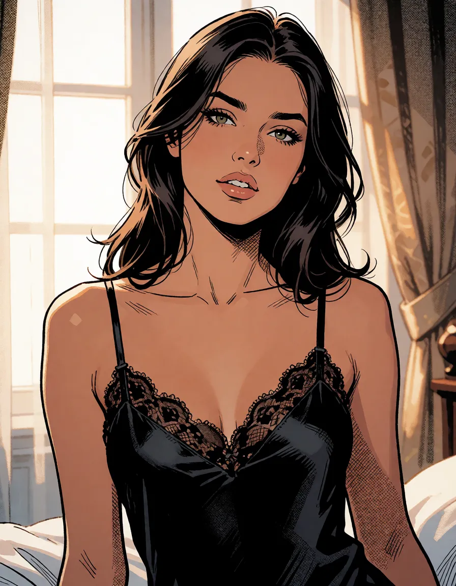 comic book art, a woman with long dark hair in a black silk slip, soft window light, shot on film, bold black ink outlines, halftone dot shading, cross hatched shadows, flat four colour print palette, hard high contrast comic inking, printed comic page, strikingly beautiful, radiant complexion, early twenties