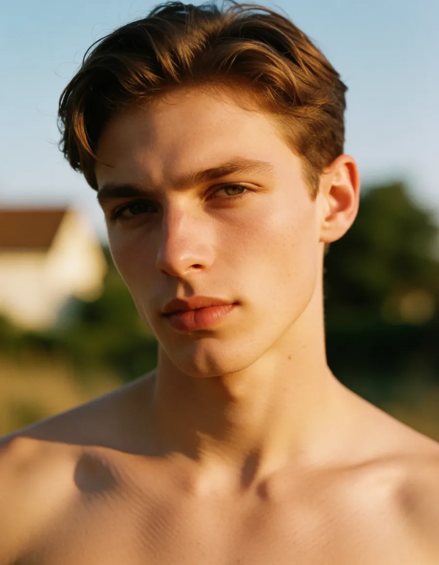 a photograph, Gay man, gay blowjob, deep throat, deep blowjob, gay, face covered in semen, gay guy sucks cock, man sucks cock, warm golden afternoon daylight, soft natural shadows, warm amber tones, gentle contrast, fine film grain, smooth clear skin, strikingly beautiful, radiant complexion, early twenties