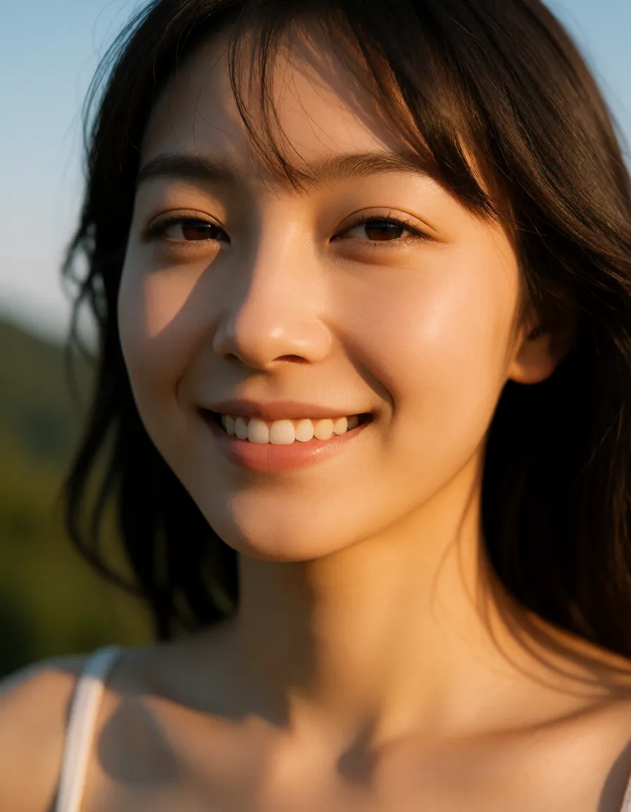 a photograph, A natural smile typical of a Japanese woman, slender beauty, and a naked woman in her 30s climbing a mountain, warm golden afternoon daylight, soft natural shadows, warm amber tones, gentle contrast, fine film grain, smooth clear skin, strikingly beautiful, radiant complexion, early twenties