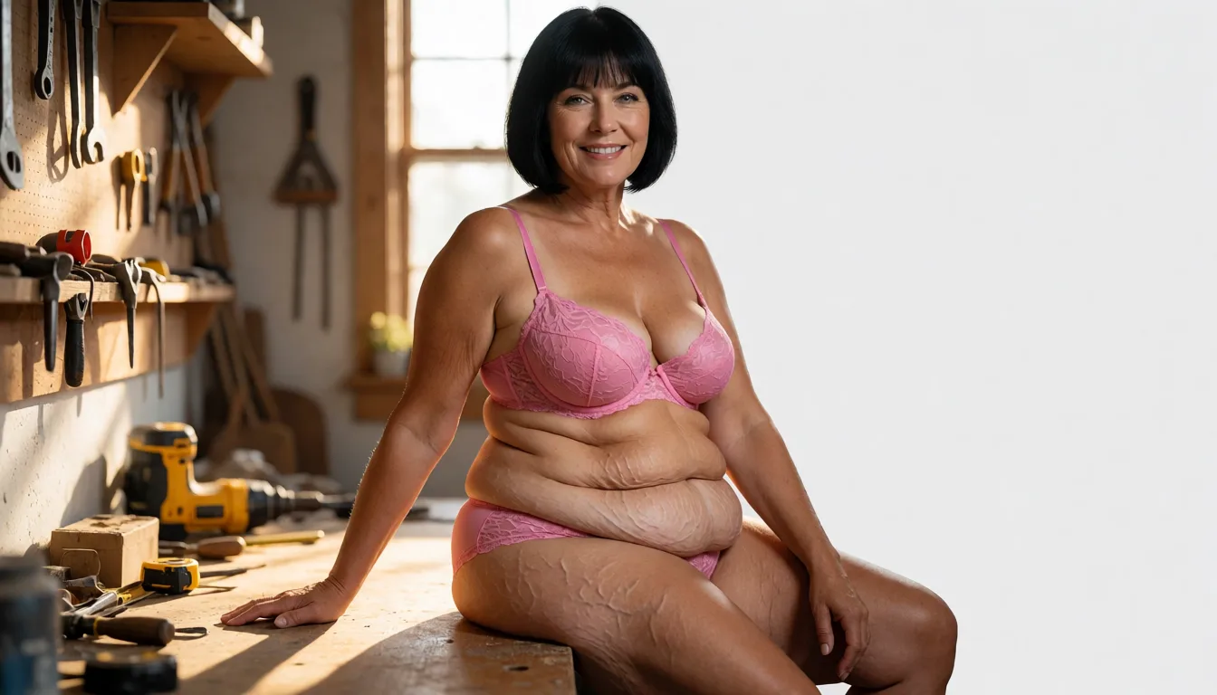 a studio photograph, A photorealistic professional studio photograph of a 65-year-old Caucasian woman with short black bob haircut featuring straight bangs, tanned skin, smiling with mouth corners upturned showing teeth and eyes looking directly at the viewer, seated on a wooden workbench edge in a well-lit workshop, body positioned with left hand placed on the tabletop behind her and right arm extended resting on the edge, wearing a pink lace push-up bra with thin spaghetti straps and scalloped edge plus matching pink lace underwear, exhibiting significant natural overweight body with small deflated sagging breasts showing prominent veins and stretch marks, soft rounded belly with deep folds and visible veins, thick thighs with cellulite and stretch marks, bare feet on the floor, soft natural window light coming from behind creating strong warm highlights and long shadows across her body and the surrounding cluttered workshop with various hand tools hanging on walls and scattered on shelves including a yellow power tool and tape measure, highly detailed skin texture and realistic anatomy., even shadowless studio light, plain white background, clean rich colour, flawless polished skin, strikingly beautiful, radiant complexion, early twenties