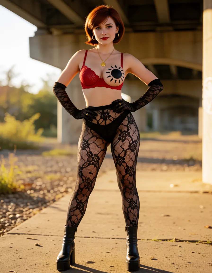 a photograph, Helen Parr (Elastigirl from *The Incredibles*) has a large butt and large breasts; she has very, very huge dark-brown areolas and nipples, and full lips. She is wearing black lace stockings, a red lace bra, long black lace gloves, black lace panties, and black platform boots. She wears a gold chain with a small gold medallion around her neck, gold hoop earrings, and a ring on her finger. She is standing with her legs straight and spread wide apart, and her hands on her hips. She is wearing black mascara and dark red lipstick. A large, unfilled black vector sun is drawn on one breast, encircling the areola, with a small portion of it visible above the bra. There is a tattoo of the Parr family's superhero symbol from *The Incredibles* in her pubic area. The words "Fuck me" are written on her butt. Her face is flushed red with embarrassment. She looks like a satisfied and self-confident woman.In the slums under a bridge., warm golden afternoon daylight, soft natural shadows, warm amber tones, gentle contrast, fine film grain, smooth clear skin, strikingly beautiful, radiant complexion, early twenties