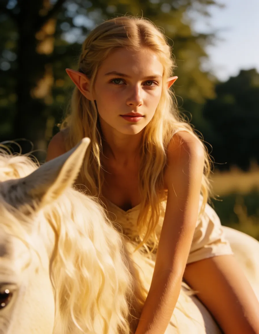 a photograph, style réaliste. Petite soeur elfe blonde sur une licorne dans une clairière. La tete de l'elfe et les sabots de la licorne sont visibles. Pubis visible., warm golden afternoon daylight, soft natural shadows, warm amber tones, gentle contrast, fine film grain, smooth clear skin, strikingly beautiful, radiant complexion, early twenties