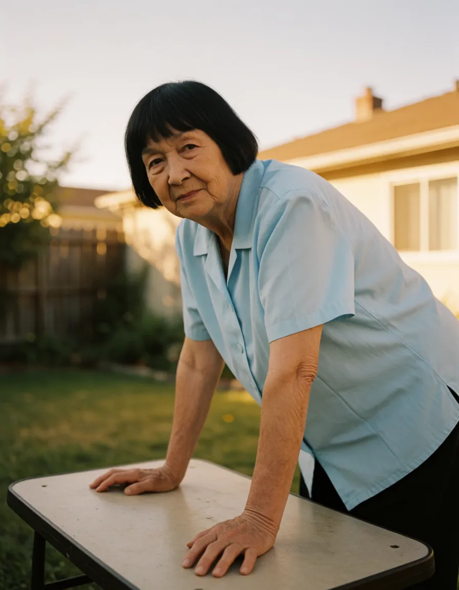 a photograph, wide angle view standing sideways leaning over with her hands on a low table in a backyard looking at the camera, very pale ugly chubby white caucasian grandma wearing a light blue blouse that highlights her braless medium natural sized stretch marked extremely saggy deflated teardrop shaped breasts underneath her blouse, black short thin very straight hair with bangs, extremely flabby sagging muffin top belly with love handles, narrow hips with dips, flat small buttocks, full body and legs shown, white waist high panties, chubby flabby grandma legs and knees with cellulite, wrinkles, loose flabby arms, warm golden afternoon daylight, soft natural shadows, warm amber tones, gentle contrast, fine film grain, smooth clear skin, strikingly beautiful, radiant complexion, early twenties