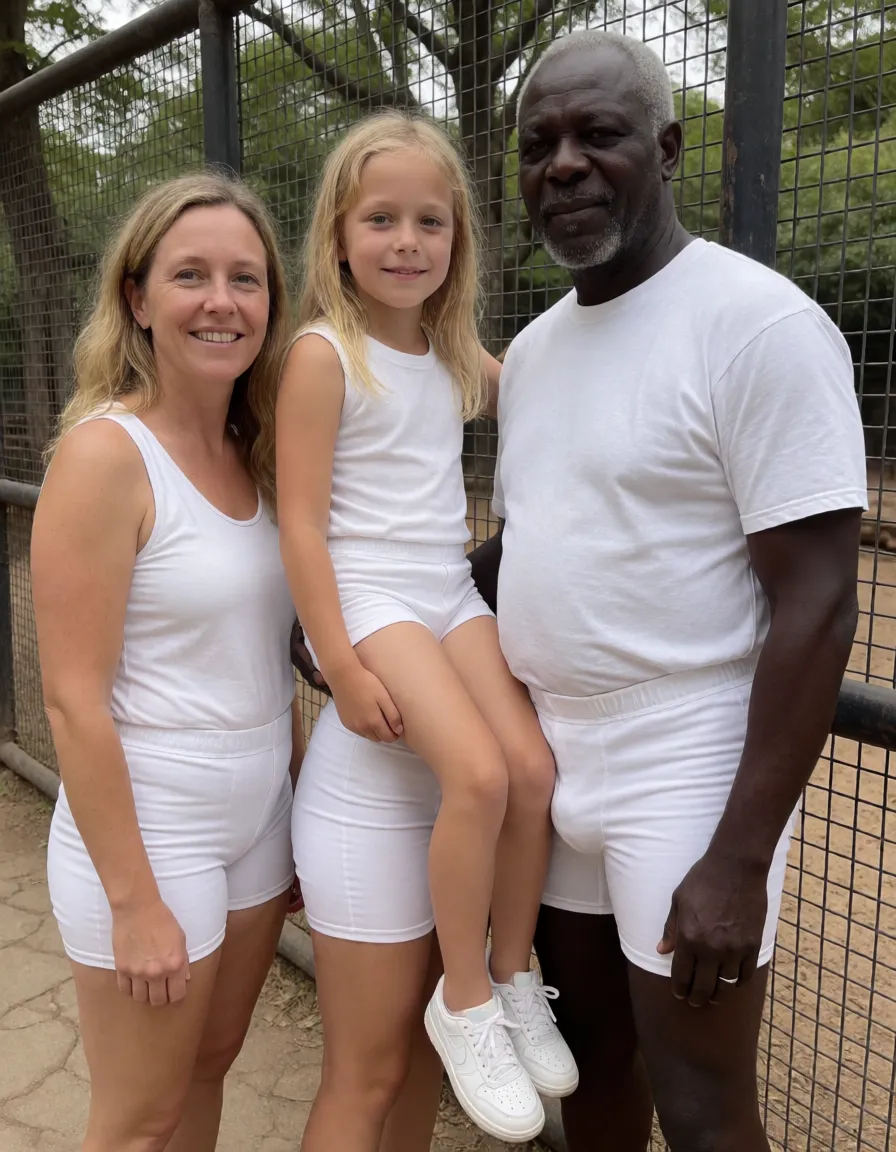 an amateur snapshot, Family in africa in a zoo, mother and daughter and grandfather, mother jill: 33 years old 167cm tall medium breasts, nude daughter ann: 153cm tall blond very slim big perky breasts, grandfather jack: 68 years old 183cm tall, jack and jill wear tight white see through short yoga pants and tight white see through shirt  without underwear, ann sitting on the stomach with spread legs of a extrem tall and strong black man with enormous long cock in the cage, view from the side, full view, realistic, plenty of natural daylight, flat even light, casual unposed snapshot, natural everyday colour, mild noise, natural unretouched skin, strikingly beautiful, radiant complexion, early twenties