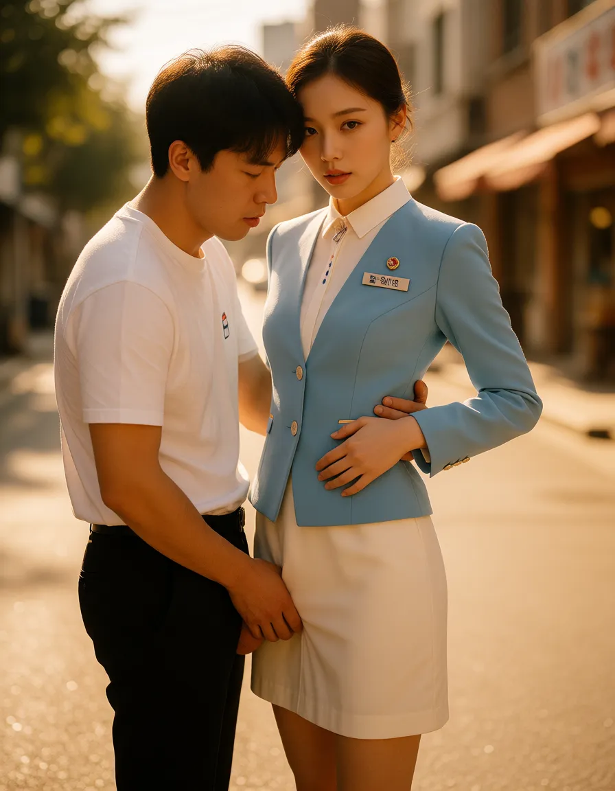a photograph, 하늘색 원톤 쟈킷과 아이보리색 정장 치마를 입은 대한항공 20대 미모의 여승무원이 길거리에 서 있는데 어떤남자가 그녀의 허리를 껴앉고 한쪽 다리를 자신의 어깨위로 올린채 손가락을 여자의 ass에 집어넣어 애무한다, warm golden afternoon daylight, soft natural shadows, warm amber tones, gentle contrast, fine film grain, smooth clear skin, strikingly beautiful, radiant complexion, early twenties