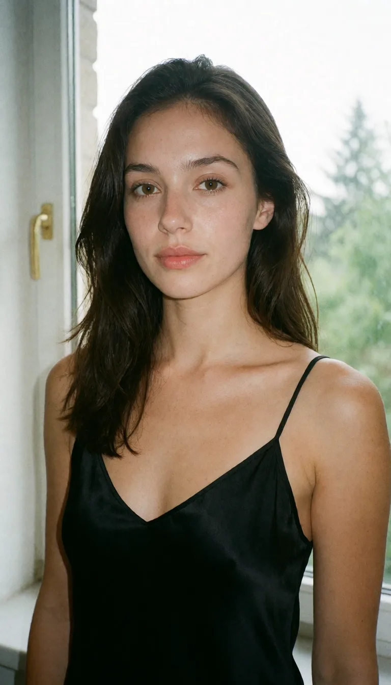 an amateur snapshot, a woman with long dark hair in a black silk slip, soft window light, shot on film, plenty of natural daylight, flat even light, casual unposed snapshot, natural everyday colour, mild noise, natural unretouched skin, strikingly beautiful, radiant complexion, early twenties