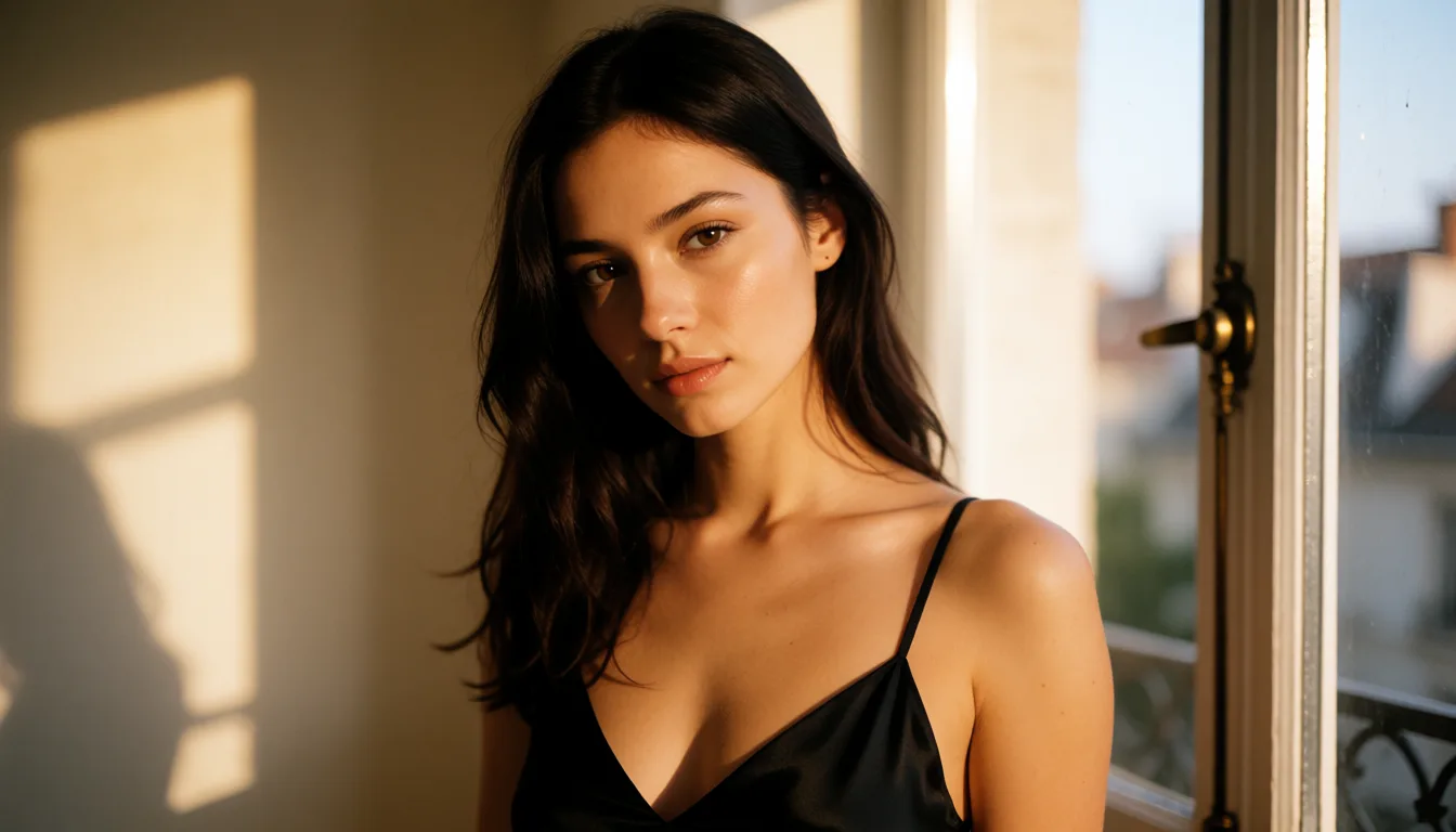 a photograph, a woman with long dark hair in a black silk slip, soft window light, shot on film, warm golden afternoon daylight, soft natural shadows, warm amber tones, gentle contrast, fine film grain, smooth clear skin, strikingly beautiful, radiant complexion, early twenties