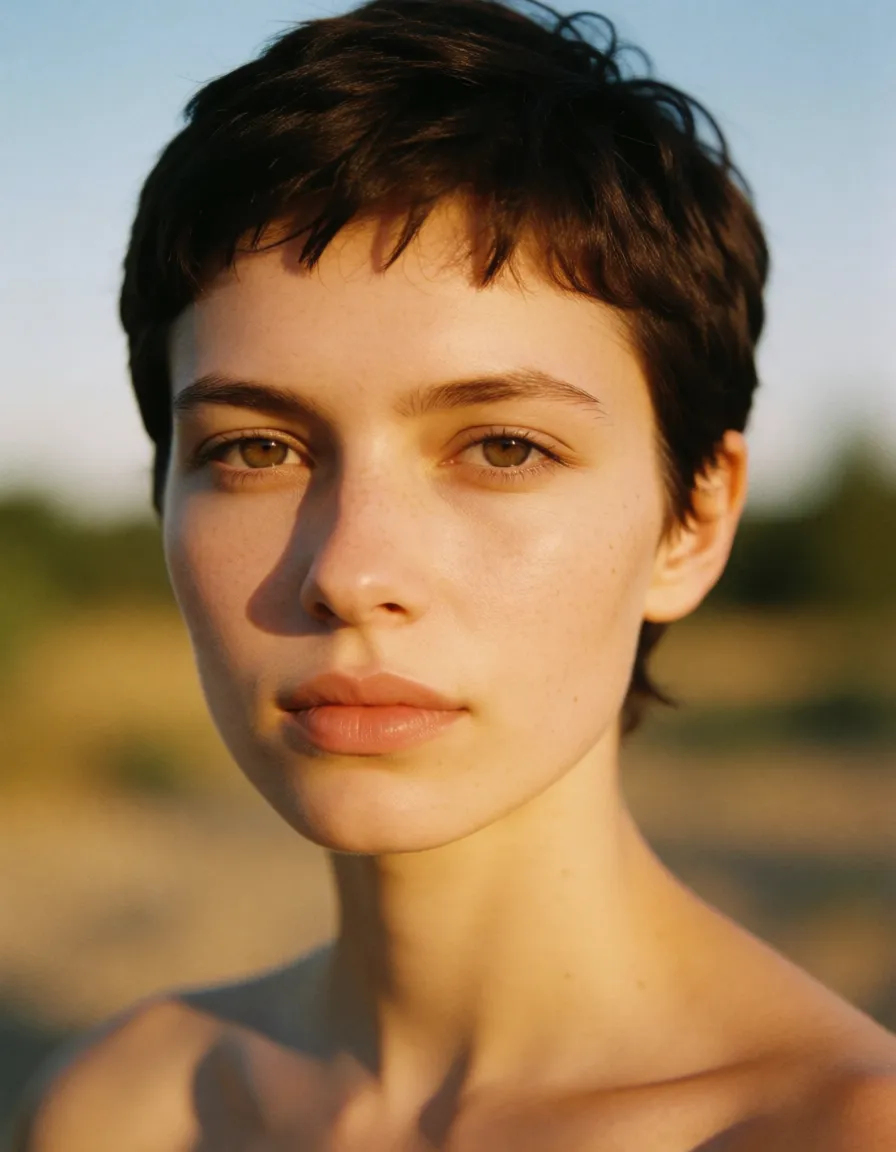 a photograph, Брюнетка с короткой стрижкой голая, ее трахают с зади, warm golden afternoon daylight, soft natural shadows, warm amber tones, gentle contrast, fine film grain, smooth clear skin, strikingly beautiful, radiant complexion, early twenties