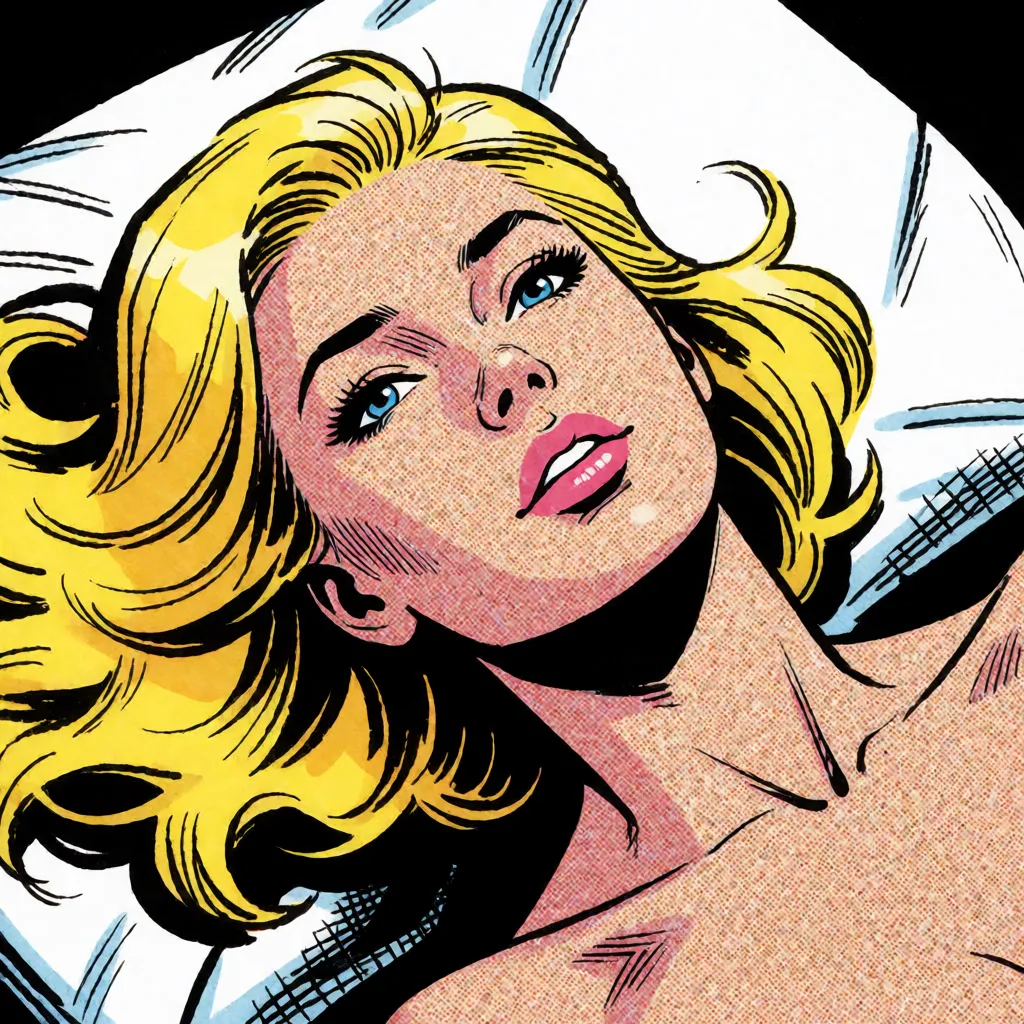 comic book art, bent_over, jenny_wakeman, bold black ink outlines, halftone dot shading, cross hatched shadows, flat four colour print palette, hard high contrast comic inking, printed comic page, strikingly beautiful, radiant complexion, early twenties