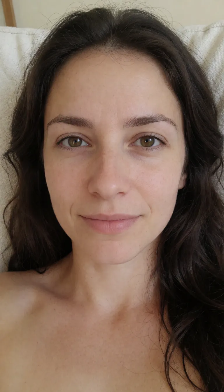 an amateur snapshot, A short (150 cm), busty Russian brunette MILF with large, natural D-cup breasts; she is reclining with her legs spread, masturbating her pussy with one hand while squeezing her breast with the other and moaning., plenty of natural daylight, flat even light, casual unposed snapshot, natural everyday colour, mild noise, natural unretouched skin, strikingly beautiful, radiant complexion, early twenties
