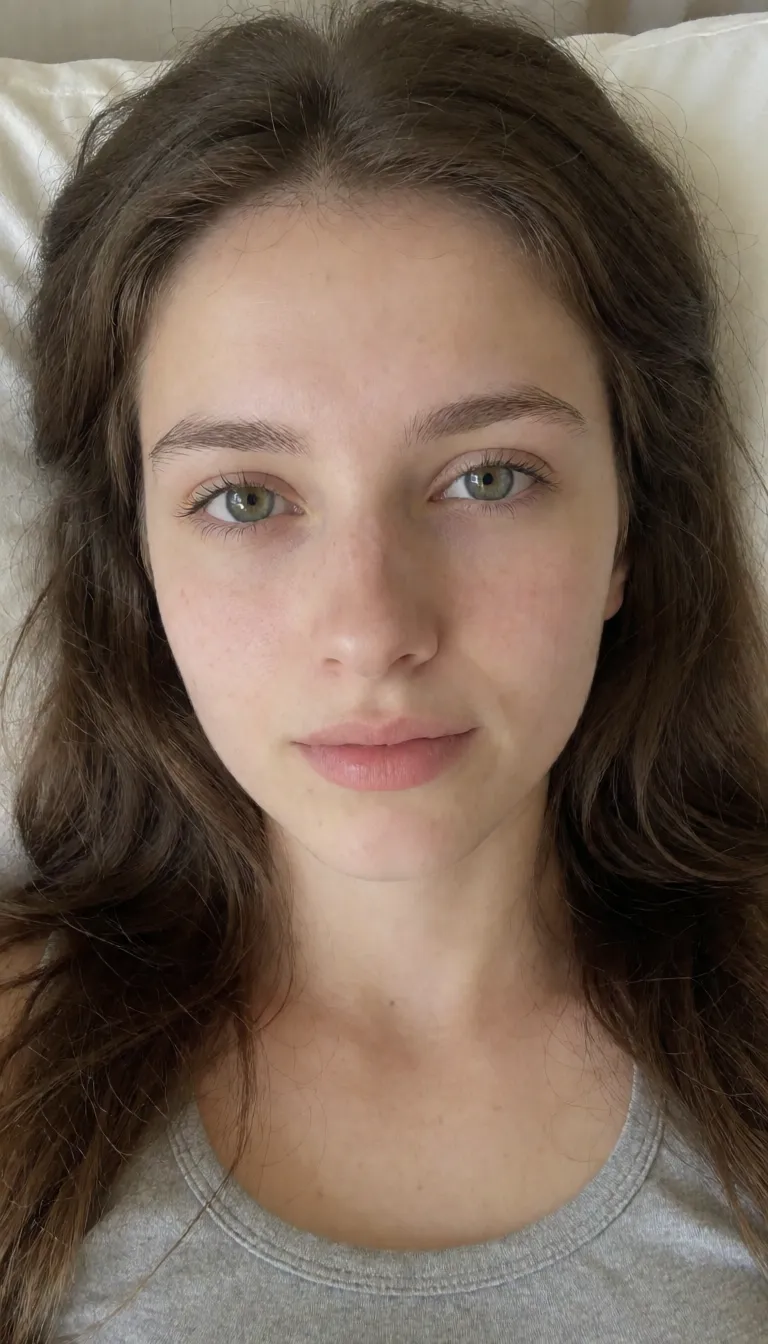 an amateur snapshot, A short (150 cm), curvy Russian brunette; she is reclining with her legs spread, caressing her pussy with one hand while squeezing her breast (natural D-cup) with the other, and moaning., plenty of natural daylight, flat even light, casual unposed snapshot, natural everyday colour, mild noise, natural unretouched skin, strikingly beautiful, radiant complexion, early twenties