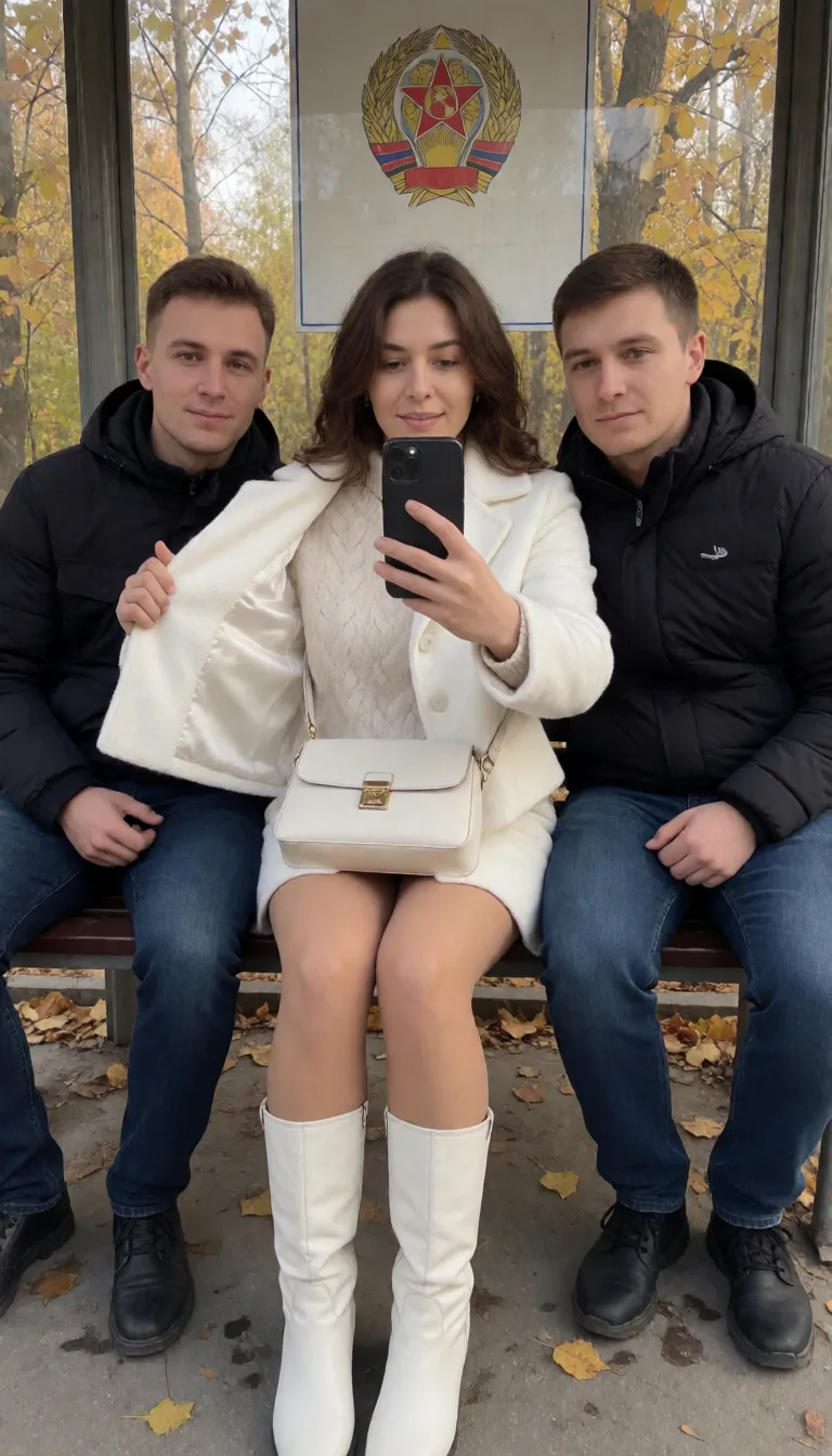 an amateur snapshot, A plump Russian brunette MILF, 150 cm tall with large natural D-cup breasts, is wearing a white short coat and white leather boots. She is taking a selfie in the autumn while sitting on a bench at a Soviet-style bus stop; she has flung open her coat, revealing men standing on either side of her with their erect penises positioned near her face., plenty of natural daylight, flat even light, casual unposed snapshot, natural everyday colour, mild noise, natural unretouched skin, strikingly beautiful, radiant complexion, early twenties