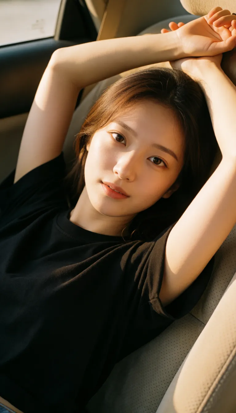 a photograph, Beautiful Korean woman, black t-shirt rolled over tits, lay down car seat, angle from above, spread legs, big tits, fucked, pov, missionary, penis inside pussy, moaning, closed_eyes, arms up,, warm golden afternoon daylight, soft natural shadows, warm amber tones, gentle contrast, fine film grain, smooth clear skin, strikingly beautiful, radiant complexion, early twenties
