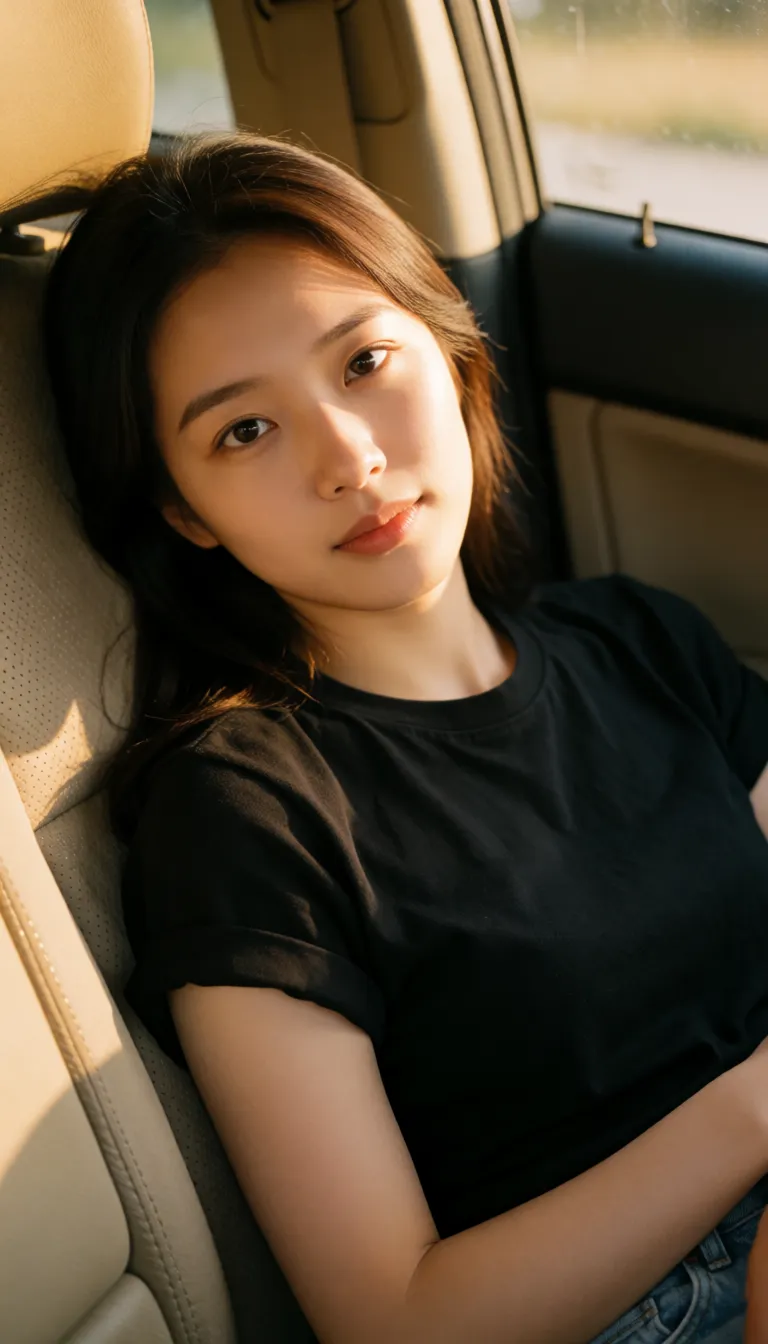 a photograph, Beautiful Korean woman, black t-shirt rolled over tits, lay down car seat, angle from above, spread legs, big tits, fucked, pov, missionary, penis inside pussy, moaning, closed_eyes, sperm load out from pussy,, warm golden afternoon daylight, soft natural shadows, warm amber tones, gentle contrast, fine film grain, smooth clear skin, strikingly beautiful, radiant complexion, early twenties