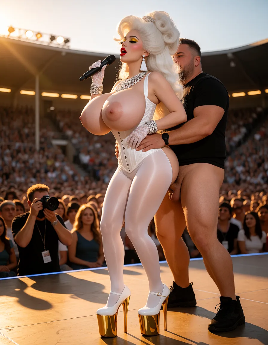 a photograph, BIMBOBOOBS with HUGE GIGANTIC BREASTS, a very slender waist in a white Old‑fashioned corset dress ,white shiny Tights, white shoes with extremely high gold heels and an extremely high gold platform, bright golden eyeshadow, big scarlet red lips, alabaster‑pink blush on the cheekbones, voluminous long eyelashes, Very long voluminous white slightly curled Old‑fashioned hairstyle with a voluminous fringe, large white tassel earrings, a massive diamond necklace, bracelets, white lacy gloves, large stage, a full auditorium.She is standing with her head thrown back with microphone.
Her breasts are the largest and most majestic in the world.
Her breasts are swollen to incredible, gigantic proportions.
Huge massive boobs.
Wide breasts.
Behind her, a huge guy grabbed her by the waist and fucks her elastic ass.
The photographer with the camera is taking pictures of what’s happening.
Side view., warm golden afternoon daylight, soft natural shadows, warm amber tones, gentle contrast, fine film grain, smooth clear skin, strikingly beautiful, radiant complexion, early twenties