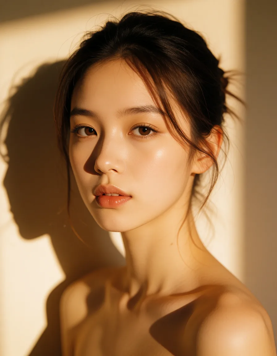 a photograph, 18岁, warm golden afternoon daylight, soft natural shadows, warm amber tones, gentle contrast, fine film grain, smooth clear skin, strikingly beautiful, radiant complexion, early twenties