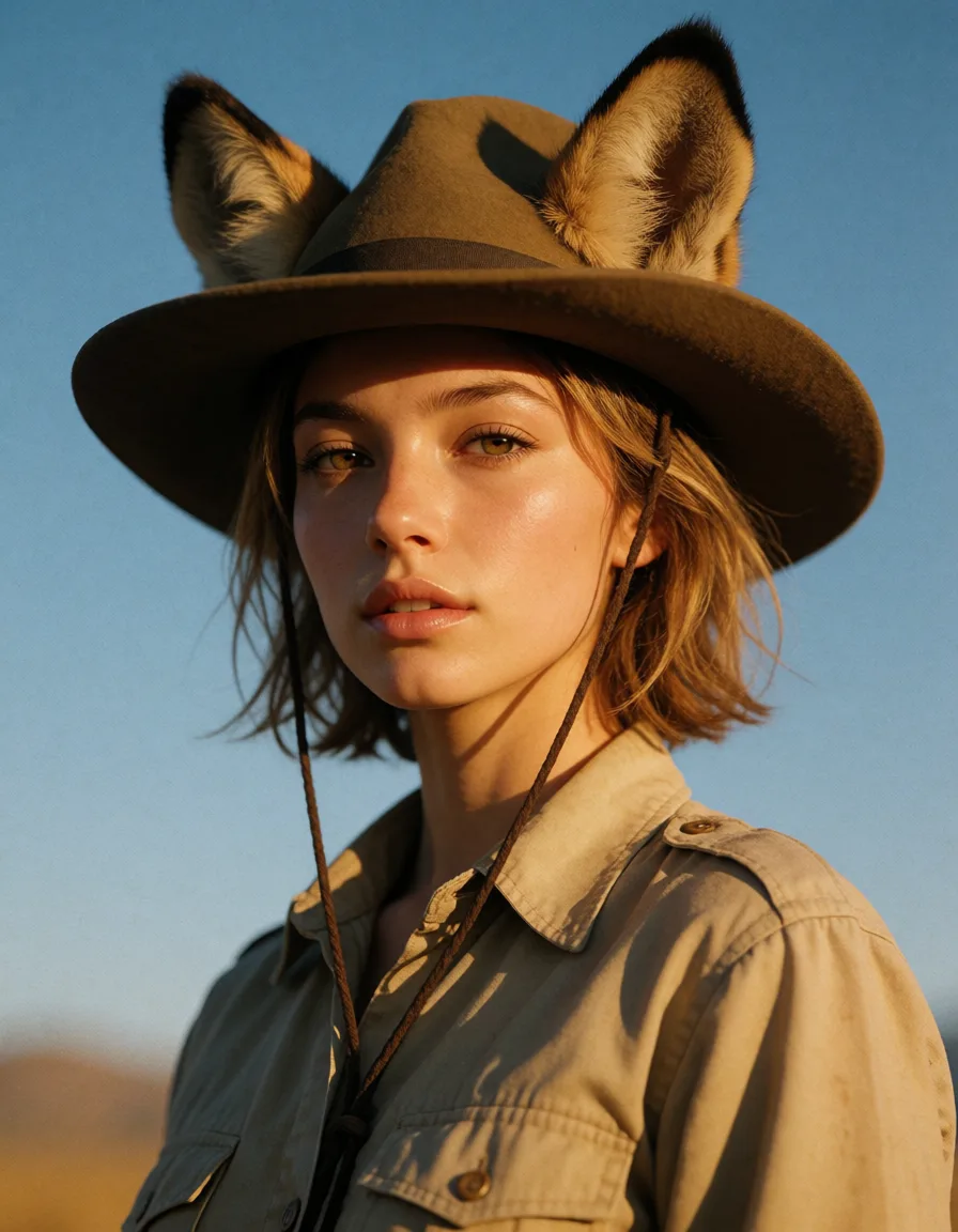 a photograph, dslr, film grain, photorealistic, solo, animal ears, hat, missionary, blue background, cowboy shot, hyperrealistic, warm golden afternoon daylight, soft natural shadows, warm amber tones, gentle contrast, fine film grain, smooth clear skin, strikingly beautiful, radiant complexion, early twenties