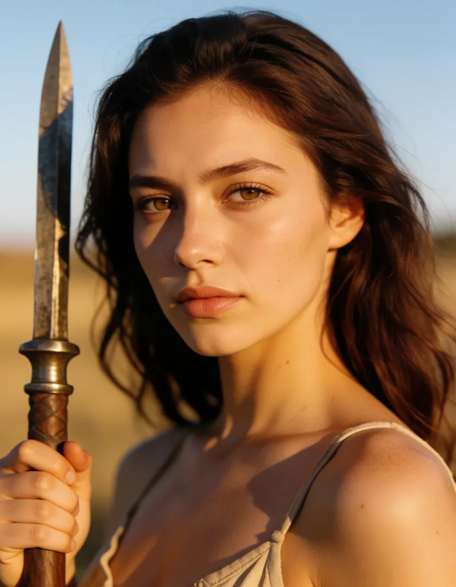 a photograph, professional photo, high detail, succubus, weapon, leg up, natural skin texture, warm golden afternoon daylight, soft natural shadows, warm amber tones, gentle contrast, fine film grain, smooth clear skin, strikingly beautiful, radiant complexion, early twenties
