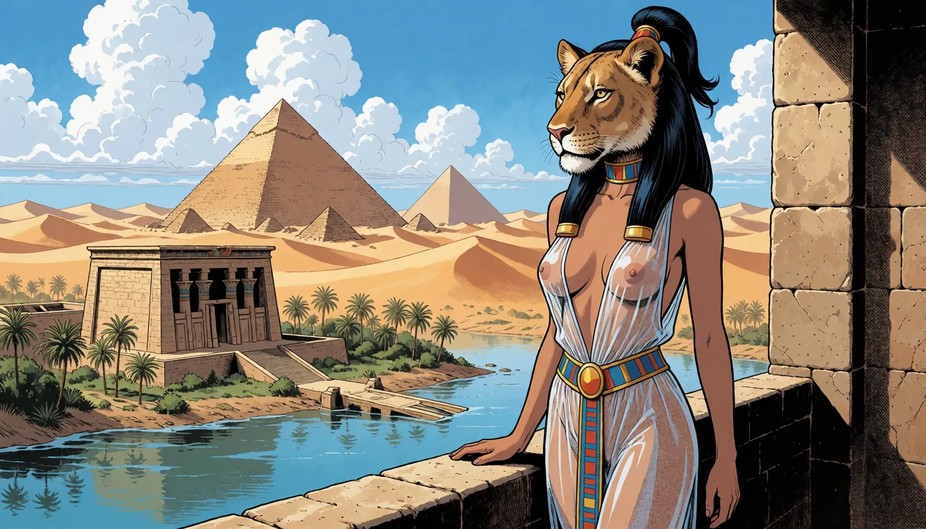 comic book art, The Egyptian goddess Sekhmet, the body of a woman, the head of a lioness, long black hair gathered in a ponytail on top of her head, a transparent tunic with a deep neckline from under which her magnificent breasts are visible, a belt decorated with gold at the waist (shown in full height to the knees), stands on a stone balcony, a river stretches below, on the shore of which there is a majestic ancient Egyptian temple surrounded by palm trees, in the distance among the sand dunes the great Egyptian pyramids, white clouds floating across the blue sky, fantastic matte painting, an absolute masterpiece, detailed matte painting in the style of Andreas Roya and Greg Rutkowski, in the style of the Hildebrandt brothers, magnificent composition, vivid fantasy, breathtaking masterpiece., bold black ink outlines, halftone dot shading, cross hatched shadows, flat four colour print palette, hard high contrast comic inking, printed comic page, strikingly beautiful, radiant complexion, early twenties