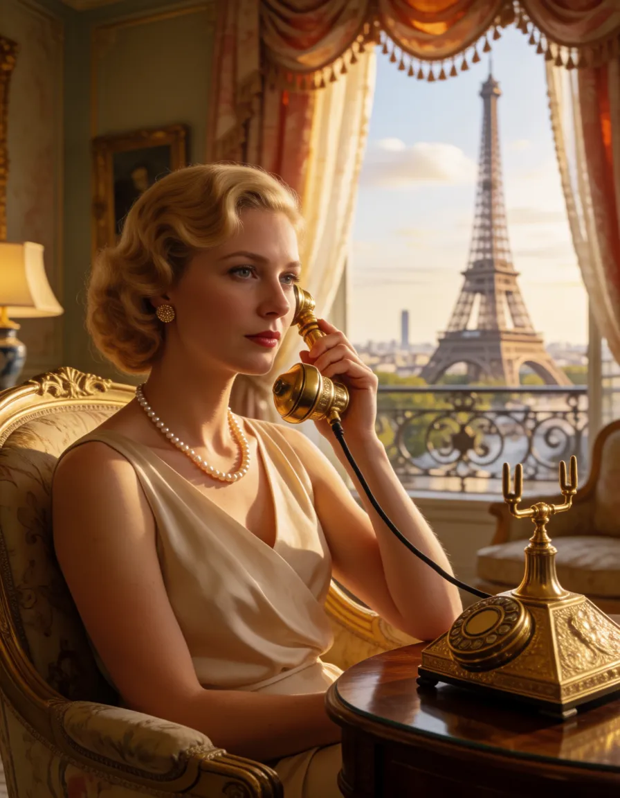 a photograph, a completely naked, busty, beautiful 40-year-old woman with blonde wavy hair, a pearl necklace around her neck, gold earrings in her ears, sits in an armchair with her legs apart, talking on a luxurious gold-decorated wired telephone from the forties of the twentieth century, in the middle of a luxuriously furnished room in the style of the first half of the twentieth century, against the background of a window decorated with beautiful curtains, Paris with the towering Eiffel Tower is visible outside the window. Fantasy matte painting, an absolute masterpiece, detailed matte painting in the style of Andreas Roja and Greg Rutkowski, in the style of the Hildebrandt brothers, magnificent composition, vivid fantasy, breathtaking masterpiece., warm golden afternoon daylight, soft natural shadows, warm amber tones, gentle contrast, fine film grain, smooth clear skin, strikingly beautiful, radiant complexion, early twenties