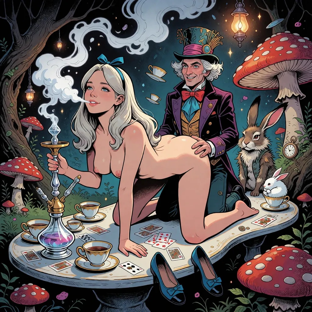 comic book art, Ультра кинематографичный сказочный фэнтезийный реализм, сюрреалистическое чаепитие в викторианской стране чудес в глубине темного заколдованного леса. полностью голая, грудастая, красивая Алиса 18 лет, распущенные светлые волосы, голубой ободок в волосах, стоит на четвереньках на длинном изогнутом чайном столе, широко расставив ноги, ее туфли небрежно стоят на краю стола среди фарфоровых чашек и игральных карт, В правой руке она держала выдающийся хрустальный кальян с прозрачным резервуаром и тлеющим табаком в маленькой неглубокой чаше. Алиса выдыхает густой белый дым, который вьется вокруг ее лица и рассеивается в теплом свете фонаря, с нежной мечтательной полуулыбкой, в то время как Безумный Шляпник стоит на коленях позади нее на столе, его голые бедра плотно прижаты к попе Алисы. На нем замысловатый цилиндр, ухоженный жилет и льняная рубашка, Мартовский заяц рядом с ним выглядит взъерошенным: лохматый серо-коричневый мех, одно загнутое ухо, покрасневшие глаза, поношенный жилет. Соня свернулась калачиком в чайной чашке. Белый кролик бросается за ней с карманными часами. Огромные красные грибы, искривленные деревья, висячие фонари, парящие чашки, волшебное смешение пара и дыма. причудливое безумие, элегантный хаос, бунтарское сюрреалистическое сказочное настроение, драматическое сдержанное кинематографическое освещение., bold black ink outlines, halftone dot shading, cross hatched shadows, flat four colour print palette, hard high contrast comic inking, printed comic page, strikingly beautiful, radiant complexion, early twenties