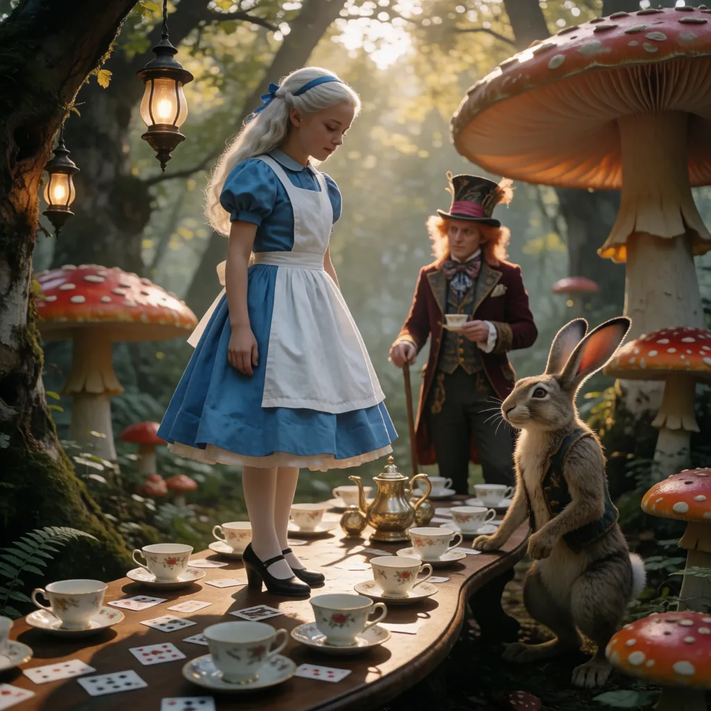 a photograph, Ультра кинематографичный сказочный фэнтезийный реализм, сюрреалистическое чаепитие в викторианской стране чудес в глубине темного заколдованного леса. полностью голая, грудастая, красивая Алиса 18 лет, распущенные светлые волосы откинуты назад открывая вид на пышную грудь, голубой ободок в волосах, стоит на четвереньках на длинном изогнутом чайном столе, широко расставив ноги, ее туфли на высоком каблуке небрежно стоят на краю стола среди фарфоровых чашек и игральных карт, В правой руке она держала выдающийся хрустальный кальян с прозрачным резервуаром и тлеющим табаком в маленькой неглубокой чаше. Алиса выдыхает густой белый дым, который вьется вокруг ее лица и рассеивается в теплом свете фонаря, с нежной мечтательной полуулыбкой, в то время как Безумный Шляпник стоит на коленях позади нее на столе, его голые бедра плотно прижаты к попе Алисы. На нем замысловатый цилиндр, ухоженный жилет и льняная рубашка, Мартовский заяц рядом с ним выглядит взъерошенным: лохматый серо-коричневый мех, одно загнутое ухо, покрасневшие глаза, поношенный жилет. Соня свернулась калачиком в чайной чашке. Белый кролик бросается за ней с карманными часами. Огромные красные грибы, искривленные деревья, висячие фонари, парящие чашки, волшебное смешение пара и дыма. причудливое безумие, элегантный хаос, бунтарское сюрреалистическое сказочное настроение, драматическое сдержанное кинематографическое освещение, warm golden afternoon daylight, soft natural shadows, warm amber tones, gentle contrast, fine film grain, smooth clear skin, strikingly beautiful, radiant complexion, early twenties