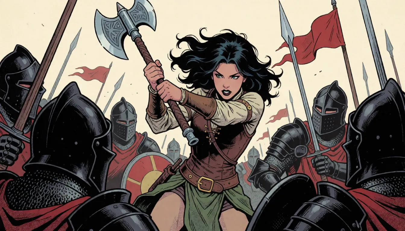 comic book art, полностью голая. грудастая, мускулистая, красивая женщина-орк, черные развевающиеся волосы, торчащие клыки над верхней губой, зеленая кожа всего тела, бугристые мышцы, держит двуручный топор обеими руками размахивая им над головой, сражается против окруживших ее со всех сторон рыцарей в черных доспехах и рогатых шлемах, на поле боя, Фантазийная матовая живопись, абсолютный шедевр, детальная матовая живопись в стиле Андреаса Рохи и Грега Рутковского, в стиле братьев Хильдебрандт, великолепная композиция, яркое фэнтези, захватывающий дух шедевр., bold black ink outlines, halftone dot shading, cross hatched shadows, flat four colour print palette, hard high contrast comic inking, printed comic page, strikingly beautiful, radiant complexion, early twenties