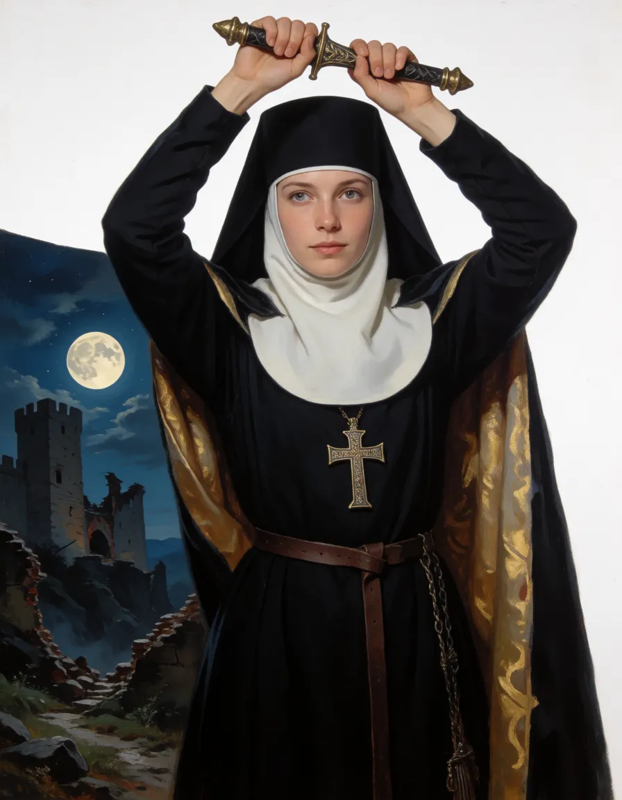 a studio photograph, полностью голая, грудастая, красивая женщина в монашеском клобуке, крестик на шее, держа обеими руками меч за рукоять, размахивая им над головой, сражается с демоном лицом к лицу, на фоне полуразрушенного средневекового замка ночью при свете полной луны,  фантастический матовая живопись, абсолютный шедевр, детализированная матовая живопись в стиле Андреаса Роя и Грега Рутковски, в стиле братьев Хильдебрандт, великолепная композиция, яркая фантазия, захватывающий дух шедевр., even shadowless studio light, plain white background, clean rich colour, flawless polished skin, strikingly beautiful, radiant complexion, early twenties