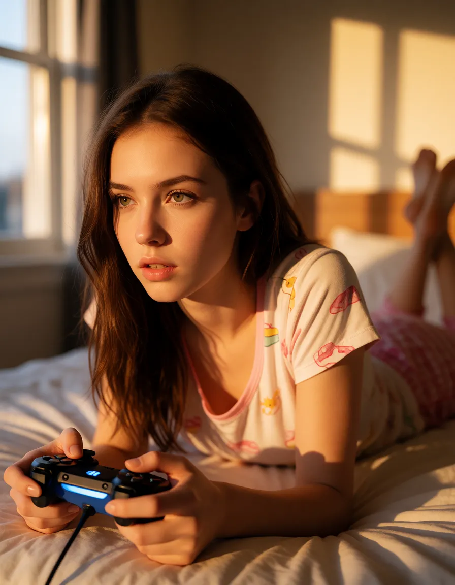 a photograph, Woman next door, 21yo, Slim frame gamer woman playing video games, wearing pajamas, laying on stomach, on bed, anal sex, warm golden afternoon daylight, soft natural shadows, warm amber tones, gentle contrast, fine film grain, smooth clear skin, strikingly beautiful, radiant complexion, early twenties