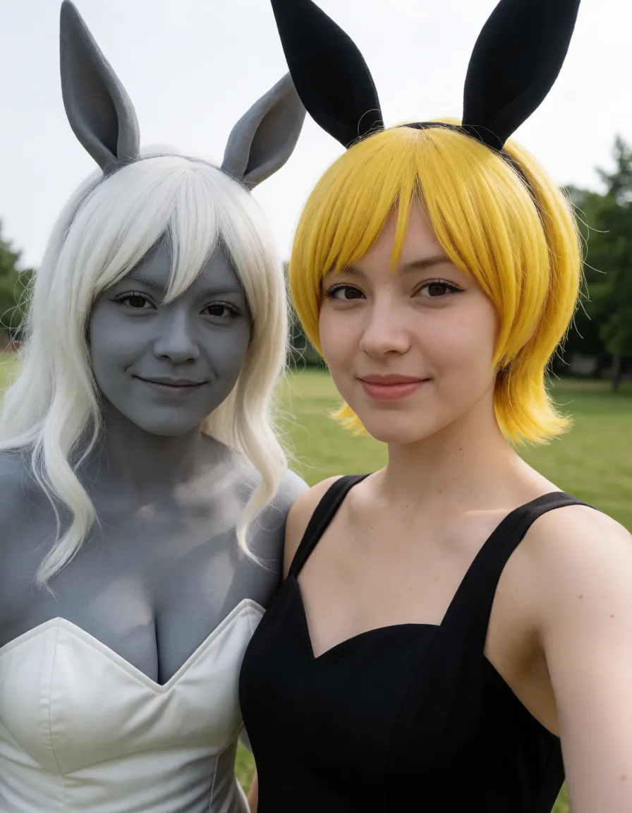 an amateur snapshot, Carrot one piece,transgender,futa,short yellow hair,fat square grey horsecock,one piece,bunny,furry,white fur,grey horsecock,big ass,thick thighs,tight black dress,half errect penis, plenty of natural daylight, flat even light, casual unposed snapshot, natural everyday colour, mild noise, natural unretouched skin, strikingly beautiful, radiant complexion, early twenties
