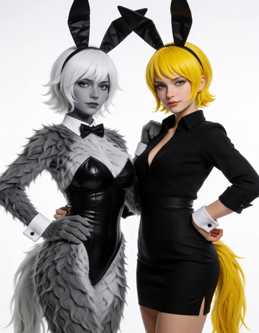 a studio photograph, Carrot one piece,transgender,futa,short yellow hair,fat square grey horsecock,one piece,bunny,furry,white fur,grey horsecock,big ass,thick thighs,tight black dress,half errect penis, even shadowless studio light, plain white background, clean rich colour, flawless polished skin, strikingly beautiful, radiant complexion, early twenties