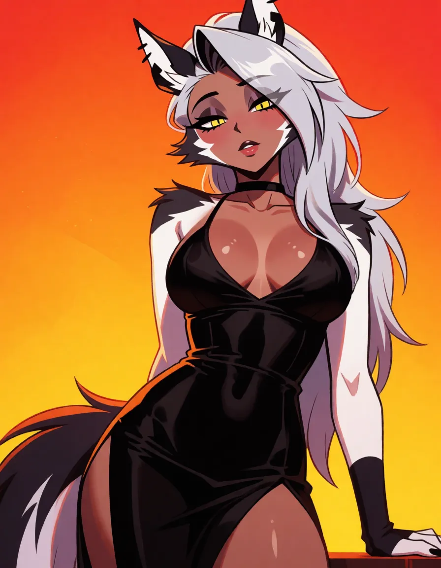 hentai anime art, Loona helluva boss,transgender,,futa,furry,grey fat horsecock,big ass,thick thighs,tight black dress,half errect penis, clean lineart, smooth cel shading, glossy highlights, saturated warm colour, drawn illustration, strikingly beautiful, radiant complexion, early twenties