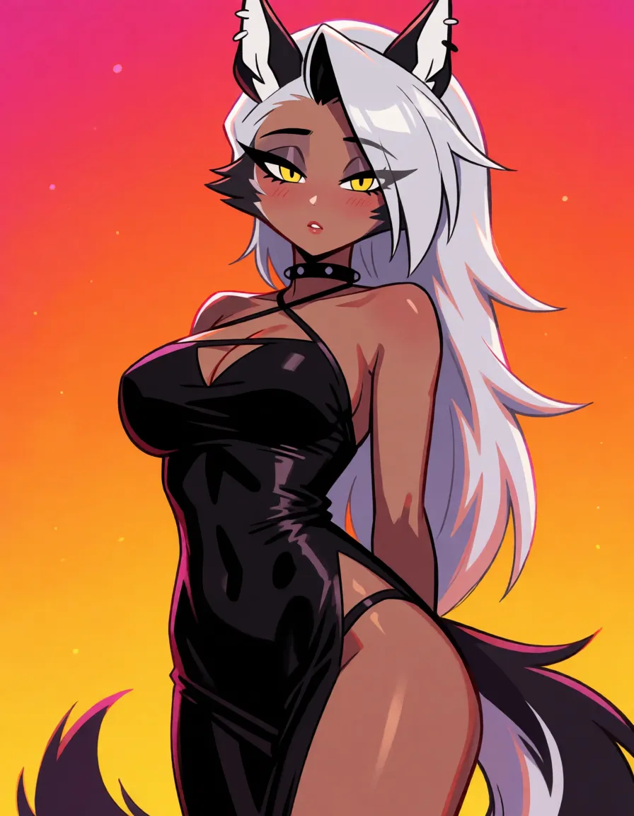 hentai anime art, Loona helluva boss,transgender,,futa,furry,grey fat horsecock,big ass,thick thighs,tight black dress,half errect penis, masturbating, clean lineart, smooth cel shading, glossy highlights, saturated warm colour, drawn illustration, strikingly beautiful, radiant complexion, early twenties