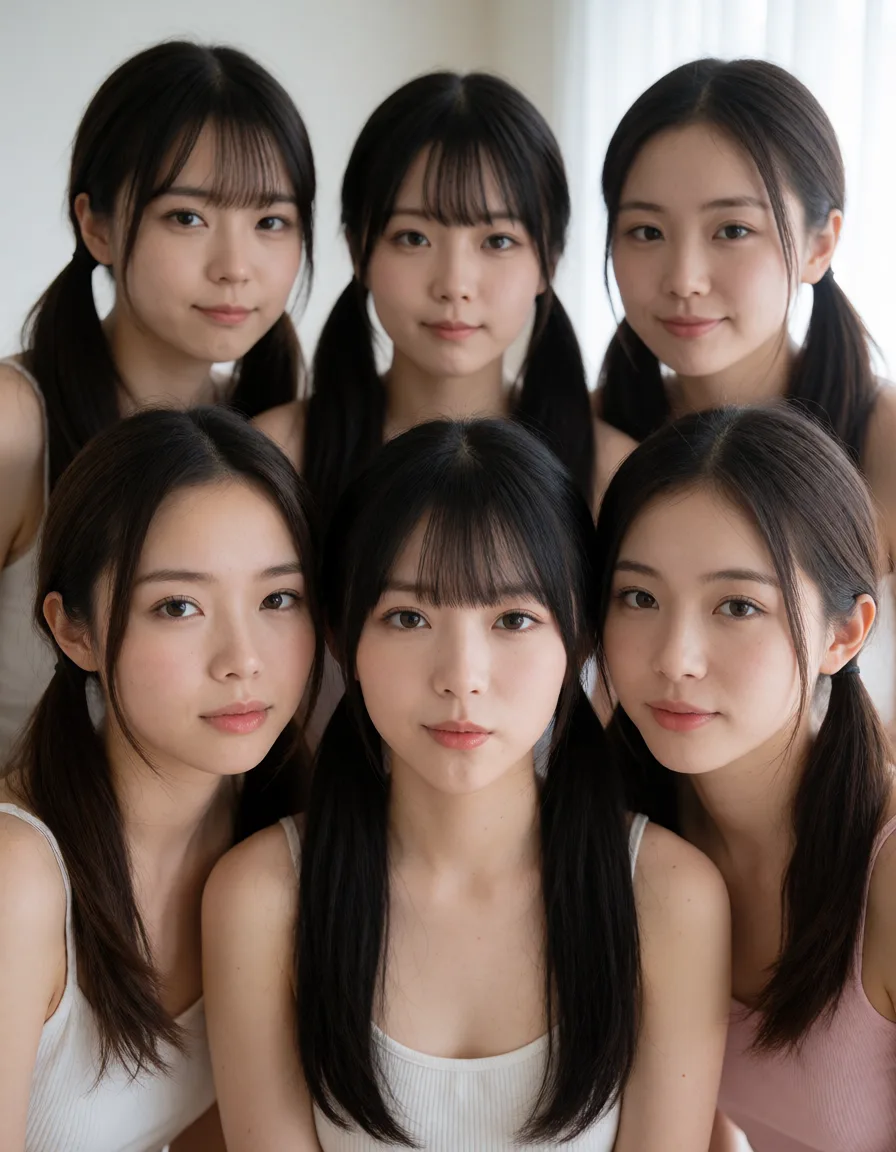 an amateur snapshot, studio quality, sharp focus, 6+women, twintails, heart, ahegao, volumetric light, RAW photo, plenty of natural daylight, flat even light, casual unposed snapshot, natural everyday colour, mild noise, natural unretouched skin, strikingly beautiful, radiant complexion, early twenties