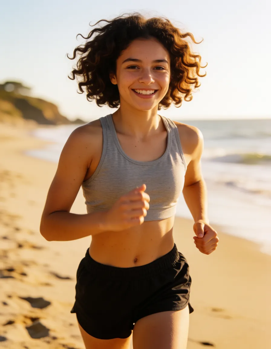 a photograph, Girl, 25 years old, brunette, curly hair, bob_cut , sporty, small ass, topless, tanned, small tanlines, very huge breasts,  big nipples, (large_areolae) , running, on sunny beach, full_body , smiling face, (facing_viewer), score_9, score_8, candid photo, realistic skin texture, visible skin pores, film grain, depth of field, warm golden afternoon daylight, soft natural shadows, warm amber tones, gentle contrast, fine film grain, smooth clear skin, strikingly beautiful, radiant complexion, early twenties