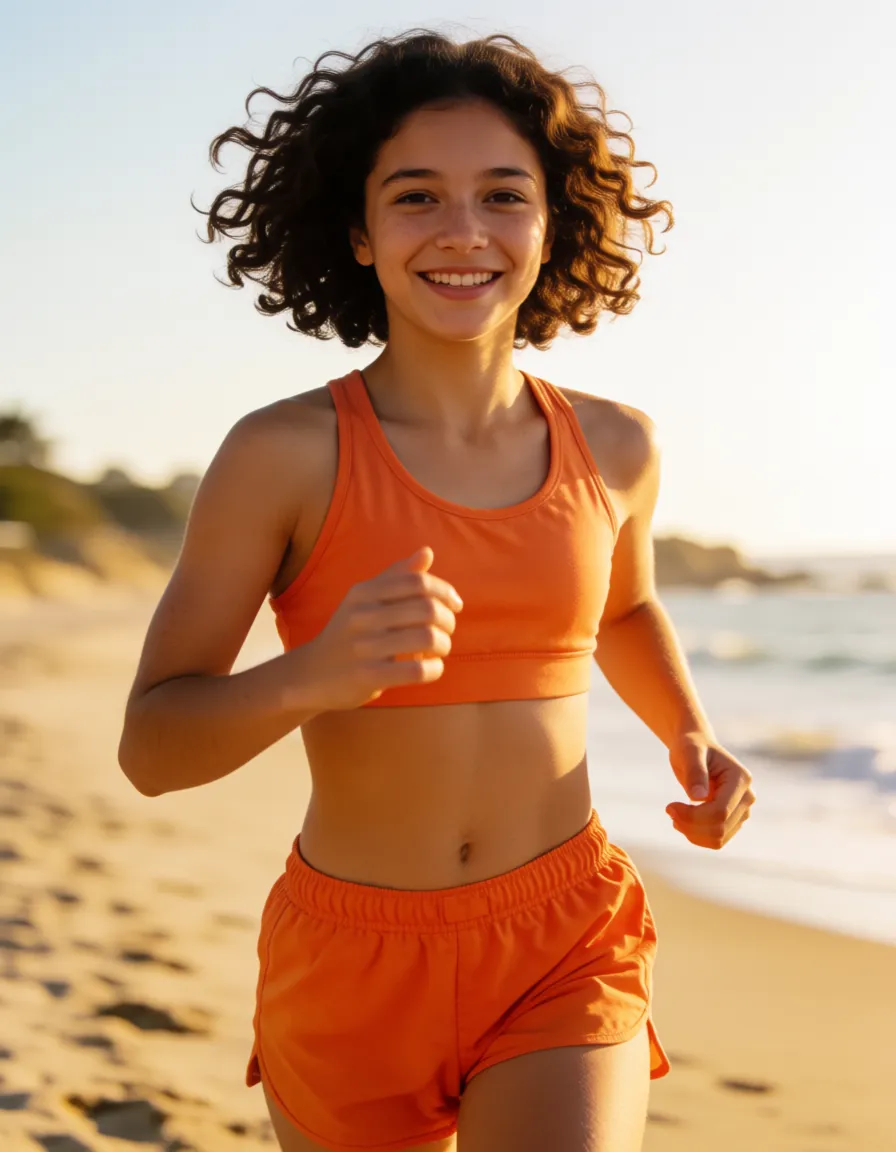 a photograph, Girl, 25 years old, brunette, curly hair, bob_cut , sporty, small ass, no top, orange panties, 
 tanned, small tanlines, very large breasts,  big nipples, (large_areolae) , running, on sunny beach, full_body , smiling face, (facing_viewer), score_9, score_8, candid photo, realistic skin texture, visible skin pores, film grain, depth of field, warm golden afternoon daylight, soft natural shadows, warm amber tones, gentle contrast, fine film grain, smooth clear skin, strikingly beautiful, radiant complexion, early twenties