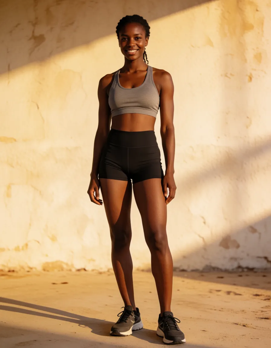 a photograph, African woman , 25 , sporty , huge_breasts , naked , very large_areolae with oval shape , standing , sports_bra , breasts_out , sports short with high hip, running shoes , smile, warm golden afternoon daylight, soft natural shadows, warm amber tones, gentle contrast, fine film grain, smooth clear skin, strikingly beautiful, radiant complexion, early twenties