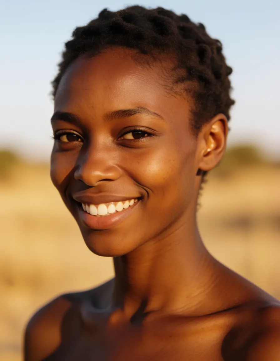 a photograph, African woman, 25 , naked , huge_breasts , large_areolae , areolae oval shaped, long nipples , beautiful face , smiling, slim ,, warm golden afternoon daylight, soft natural shadows, warm amber tones, gentle contrast, fine film grain, smooth clear skin, strikingly beautiful, radiant complexion, early twenties