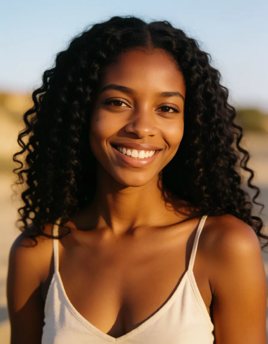 a photograph, African woman, 25 , naked , huge_breasts , large_areolae , areolae oval shaped, long nipples , beautiful face , smiling, long curly black hair , full body visible , shaved pussy, warm golden afternoon daylight, soft natural shadows, warm amber tones, gentle contrast, fine film grain, smooth clear skin, strikingly beautiful, radiant complexion, early twenties