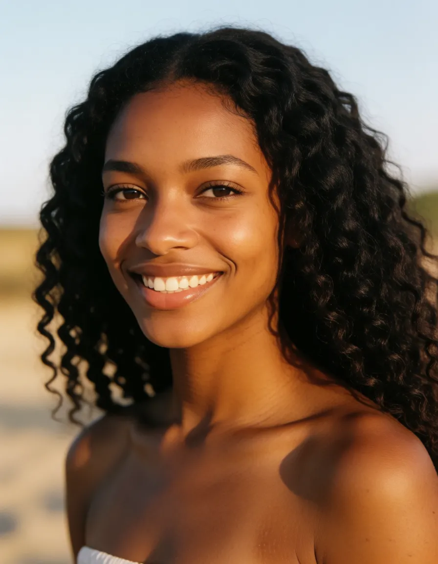 a photograph, African woman, 25 , naked , huge_breasts , large oval shaped areolae , long nipples , beautiful face , smiling, long curly black hair , full body visible , shaved pussy, warm golden afternoon daylight, soft natural shadows, warm amber tones, gentle contrast, fine film grain, smooth clear skin, strikingly beautiful, radiant complexion, early twenties