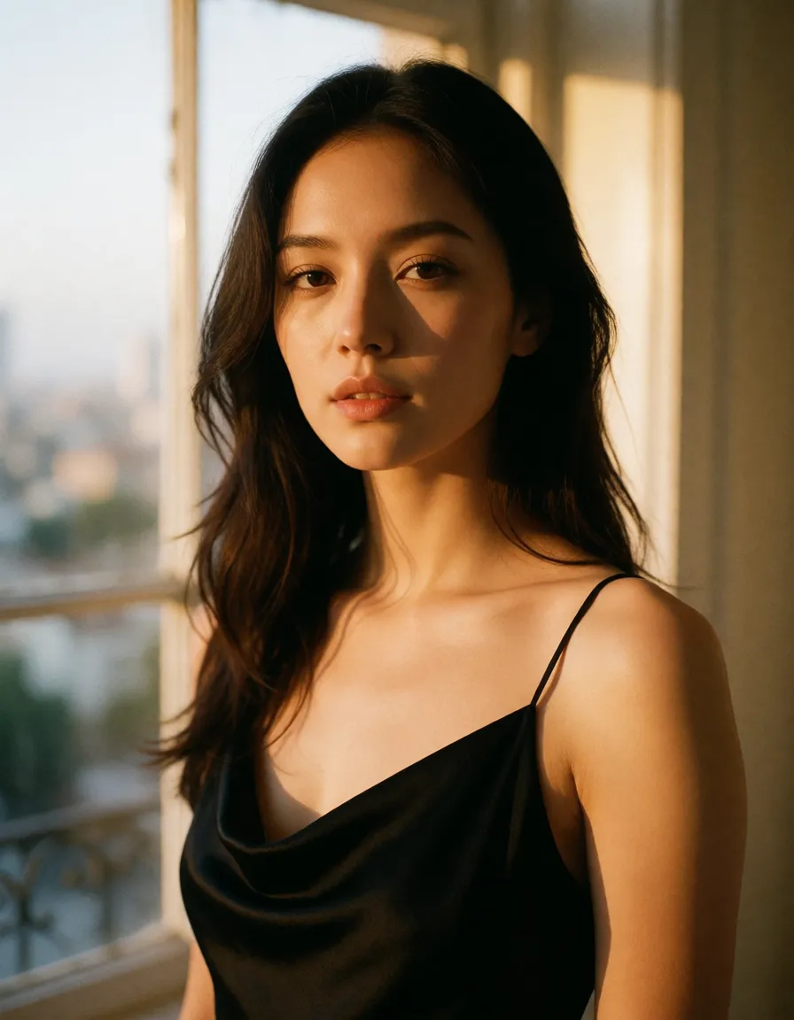a photograph, Seorang wanita dengan rambut panjang gelap mengenakan gaun sutra hitam, di bawah cahaya jendela yang lembut, sex, warm golden afternoon daylight, soft natural shadows, warm amber tones, gentle contrast, fine film grain, smooth clear skin, strikingly beautiful, radiant complexion, early twenties
