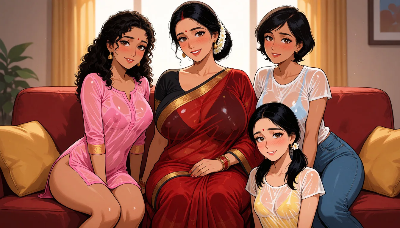 hentai anime art, a middle aged woman of indian descent with long dark hair tied in a bun with white flowers in her hair in a transparent red saree with a black blouse with a sexy voluptuous body and huge breasts sitting on the couch smiling and blushing looking at the camera. Left to her, sits a slender woman of indian descent wearing a transparent pink punjabi kurti, curly hair and of indian decent smiling too and blushing. Right to her, sits an slender woman with short hair of indian descent wearing a transparent t-shirt and jean pants smiling too and blushing. Below her, sits a slender woman of indian descent in a transparent yellow frock with black hair in ponytails who is also smiling too and blushing., clean lineart, smooth cel shading, glossy highlights, saturated warm colour, drawn illustration, strikingly beautiful, radiant complexion, early twenties