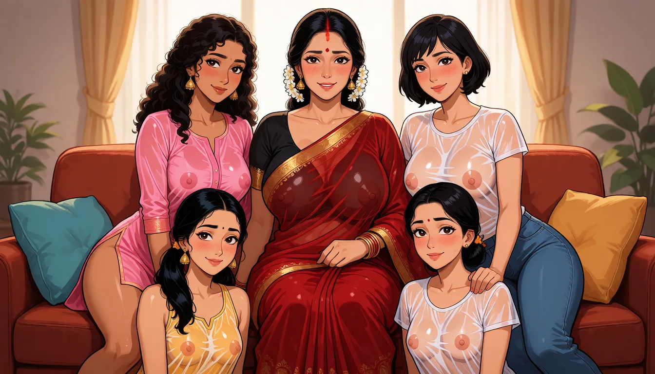 hentai anime art, a middle aged woman of indian descent with long dark hair tied in a bun with white flowers in her hair in a transparent red saree with a black blouse with a sexy voluptuous body and huge breasts sitting on the couch smiling and blushing looking at the camera. Left to her, sits a slender woman of indian descent wearing a transparent pink punjabi kurti, curly hair and of indian decent smiling too and blushing. Right to her, sits an slender woman with short hair of indian descent wearing a transparent t-shirt and jean pants smiling too and blushing. Below her, sits a slender woman of indian descent in a transparent yellow frock with black hair in ponytails who is also smiling too and blushing. THey are all half undressed, clean lineart, smooth cel shading, glossy highlights, saturated warm colour, drawn illustration, strikingly beautiful, radiant complexion, early twenties
