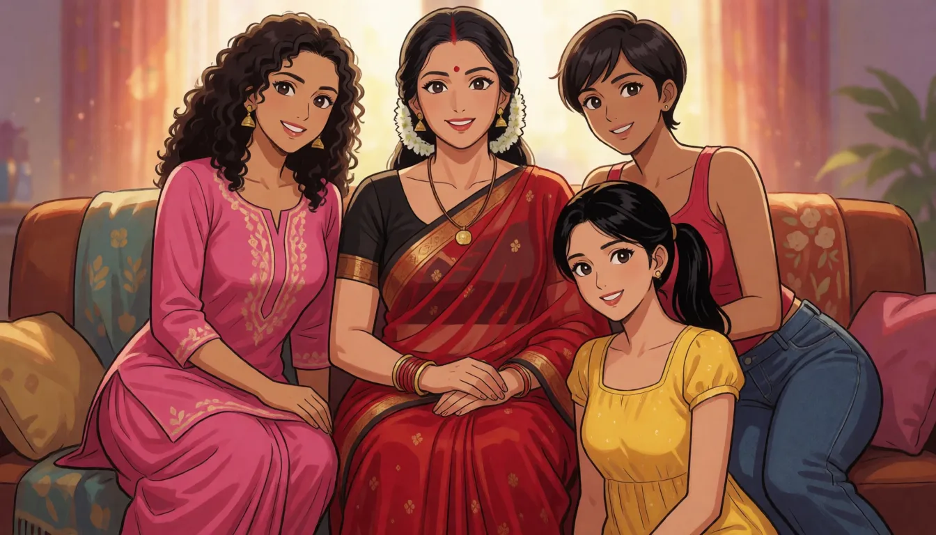 hentai anime art, a middle aged woman of indian descent with long dark hair tied in a bun with white flowers in her hair in a transparent red saree with a black blouse with a sexy voluptuous body and huge breasts sitting on the couch smiling and blushing looking at the camera. Left to her, sits a slender woman of indian descent wearing a transparent pink punjabi kurti, curly hair and of indian decent smiling too and blushing. Right to her, sits an slender woman with short hair of indian descent wearing a transparent top and jean pants smiling too and blushing. Below her, sits a slender woman of indian descent in a transparent yellow frock with black hair in ponytails who is also smiling too and blushing. THey are all half undressed., clean lineart, smooth cel shading, glossy highlights, saturated warm colour, drawn illustration, strikingly beautiful, radiant complexion, early twenties