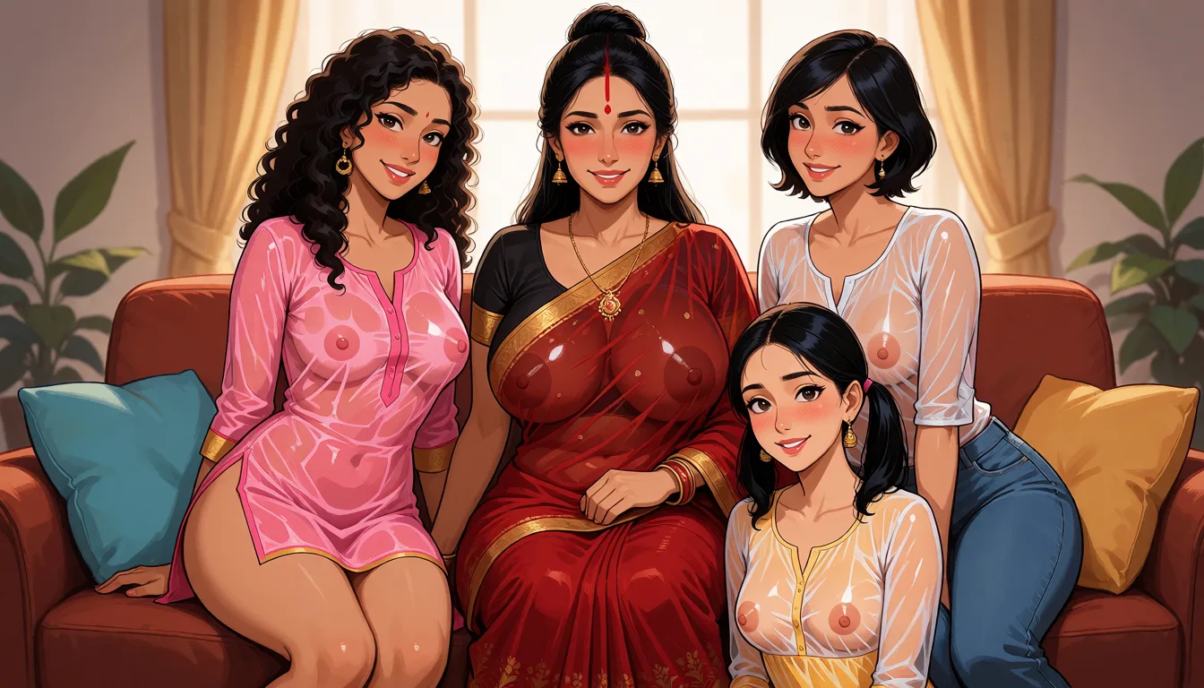 hentai anime art, a middle aged woman of indian descent with long dark hair tied in a bun in a transparent red saree with a black blouse with a sexy voluptuous body and huge breasts sitting on the couch smiling and blushing looking at the camera. Left to her, sits a slender woman of indian descent wearing a transparent pink punjabi kurti, curly hair and of indian decent smiling too and blushing. Right to her, sits an slender woman with short hair of indian descent wearing a transparent top and jean pants smiling too and blushing. Below her, sits a slender woman of indian descent in a transparent yellow frock with black hair in ponytails who is also smiling too and blushing. THey are all half undressed., clean lineart, smooth cel shading, glossy highlights, saturated warm colour, drawn illustration, strikingly beautiful, radiant complexion, early twenties