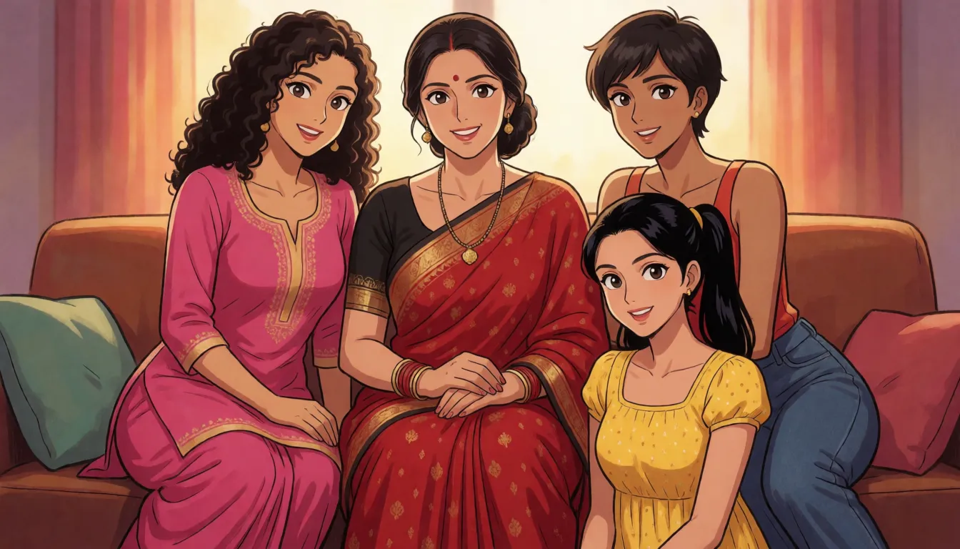 hentai anime art, a middle aged woman of indian descent with long dark hair tied in a bun in a red saree with a black blouse with a sexy voluptuous body and huge breasts sitting on the couch smiling and blushing looking at the camera. Left to her, sits a slender woman of indian descent wearing a pink punjabi kurti, curly hair and of indian decent smiling too and blushing. Right to her, sits an slender woman with short hair of indian descent wearing a top and jean pants smiling too and blushing. Below her, sits a slender woman of indian descent in a yellow frock with black hair in ponytails who is also smiling too and blushing. THey are all half undressed., clean lineart, smooth cel shading, glossy highlights, saturated warm colour, drawn illustration, strikingly beautiful, radiant complexion, early twenties